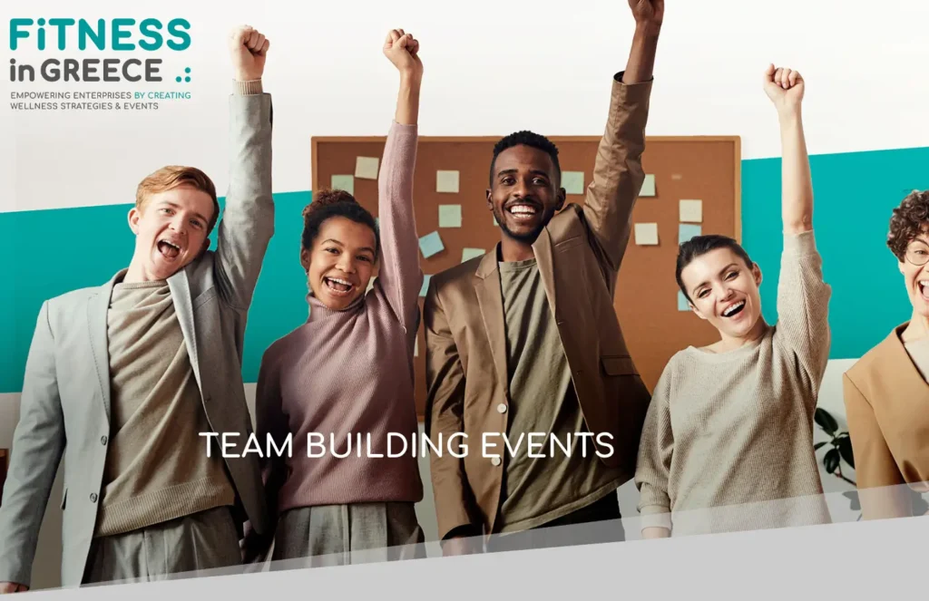 Team Building Events banner for Fitness in Greece with a diverse group celebrating