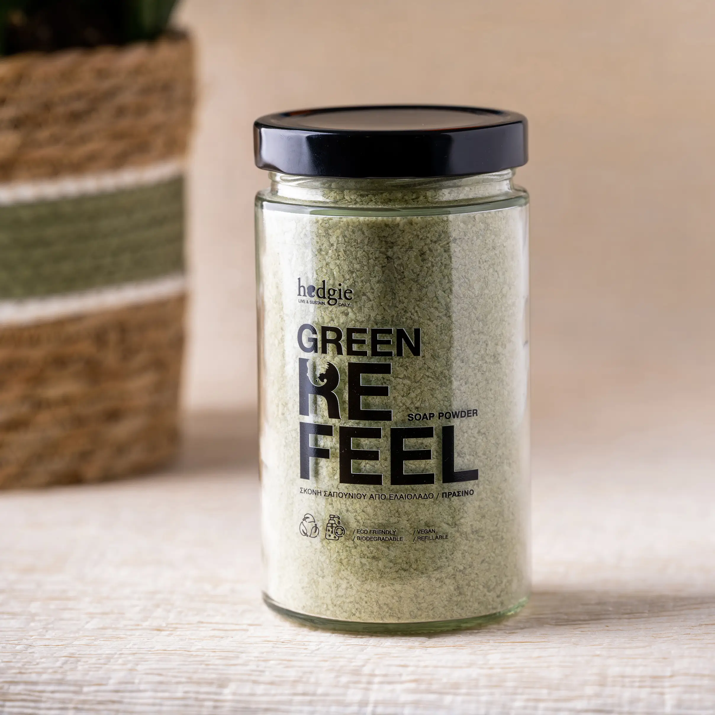 Hedgie “Green Refeel” soap powder in a glass jar